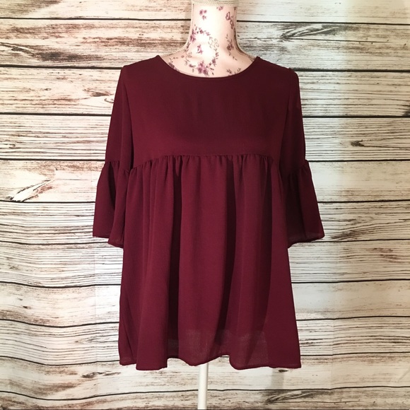 SALE! Burgundy Bell Sleeve Blouse - Picture 2 of 3